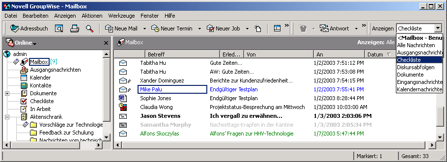 Mailbox, Checkliste in der Dropdown-Liste
