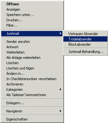 Menü mit Junkmail-Optionen