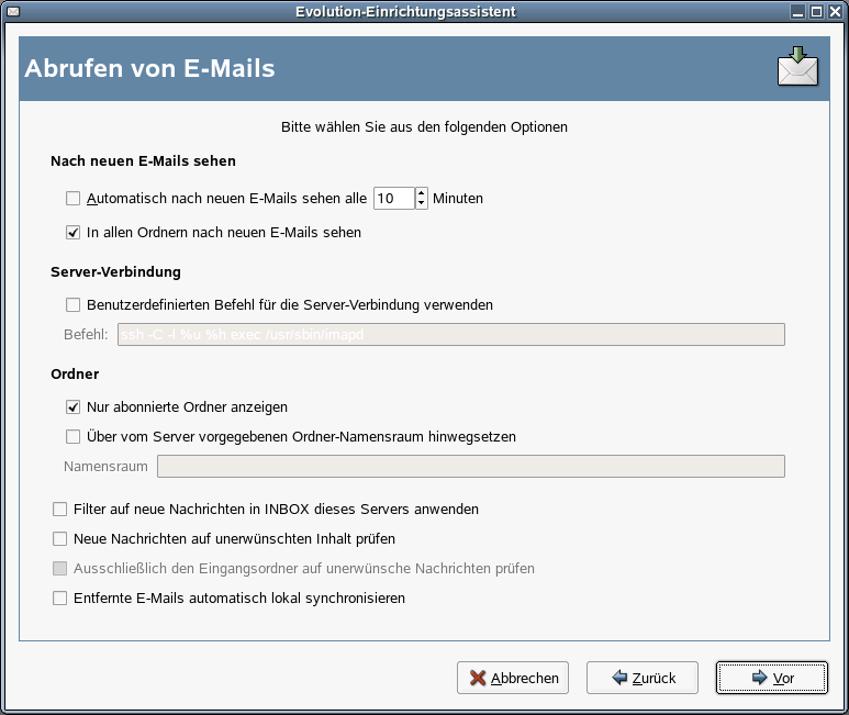Empfangsoptionen für IMAP
