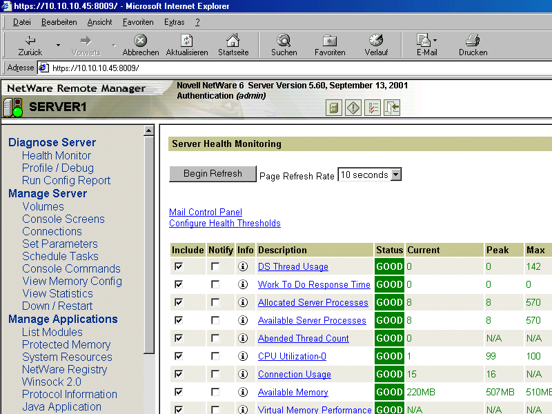 Zustandsüberwachung in NetWare Remote Manager