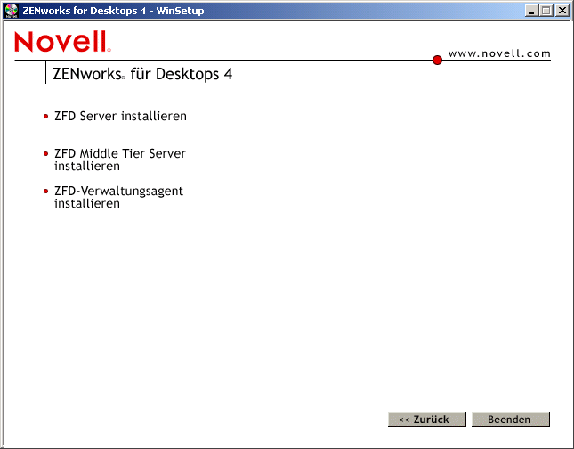 Der Screenshot der untergeordneten Seite für die ZfD-Installation zeigt die Optionen zur Installation des ZfD-Servers, des ZfD Middle Tier-Servers und des ZfD-Verwaltungsagenten.