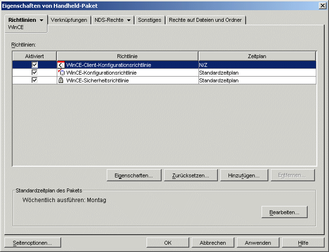 Auswahlseite für Windows CE-Konfigurationsrichtlinie