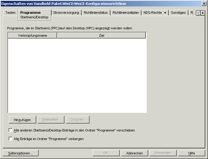 Seite "Startmenü/Desktop" der WinCE-Konfigurationsrichtlinie