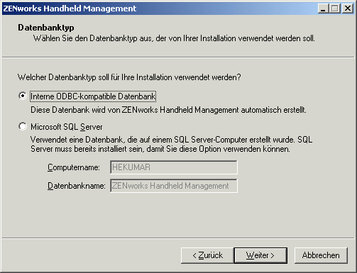 Dialogfeld "Datenbanktyp"