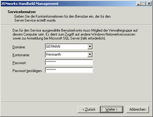 Dialogfeld "Servicebenutzer"