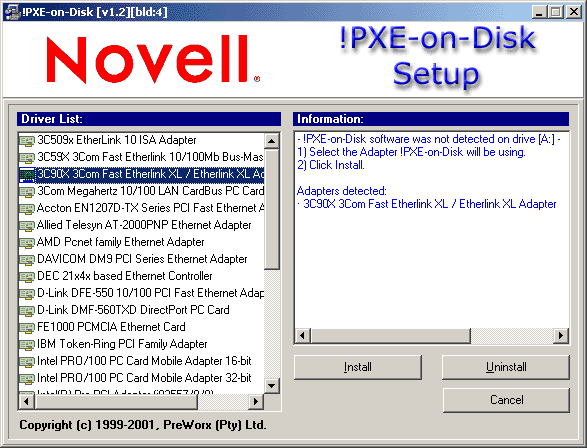 Das Fenster "PXE-on-Disk Setup" (Installation von PXE-on-Disk) wird mit den geöffneten Diskettentreiber- und Informationslisten angezeigt.