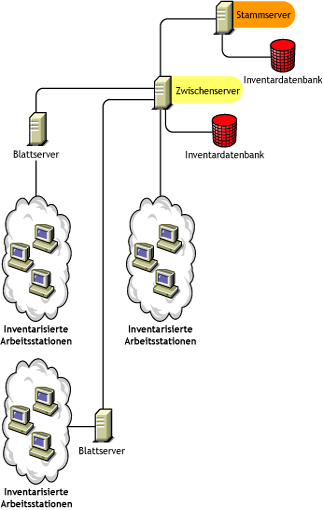 Der Stammserver auf der obersten Ebene, ein Zwischenserver mit Datenbank auf der niedrigeren Ebene (verknüpft mit dem Stammserver) und ein Blattserver (verknüpft mit dem Zwischenserver mit Datenbank).