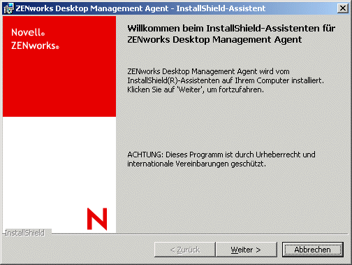 Die Einführungsseite des Installationsassistenten des ZENworks Desktop Management-Agenten.