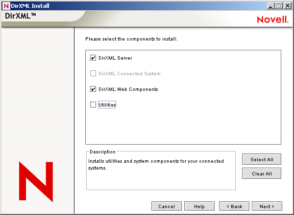 Die Komponentenauswahlseite des Installationsassistenten von Novell Novell Nsure Identity Manager mit den ausgewählten Optionen "DirXML Engine and Drivers" (DirXML-Engine und -Treiber), "DirXML Management Utilities" (DirXML-Verwaltungsprogramme) und "Password Sync Agent" (PasswordSync-Agent).