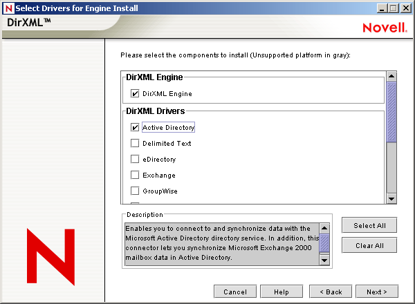 Die Seite "Select Drivers for Engine Install" (Treiber für die Engine-Installation auswählen) des Installationsassistenten von Novel Nsure Identity Manager