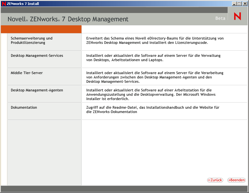 Das Menü des Installationsprogramms von ZENworks Desktop Management.