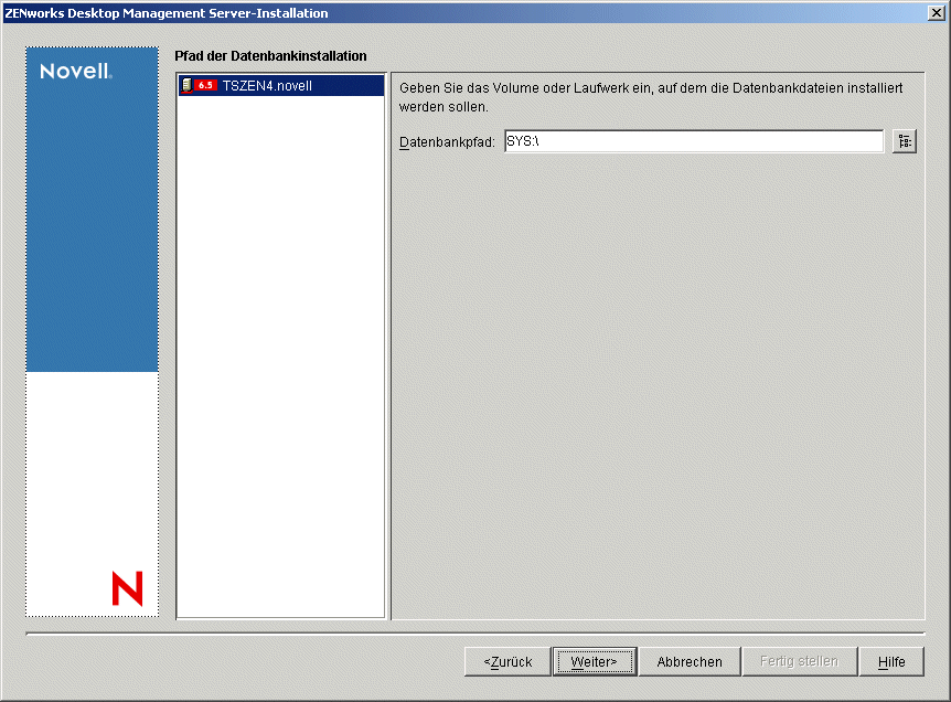 Die Seite "Pfad der Datenbankinstallation" des Installationsassistenten von ZENworks Desktop Management.