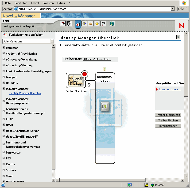 Die Konfigurationsseite "Active Directory – eDirectory" im Dienstprogramm "Identity Manager – Überblick" in Novell iManager.
