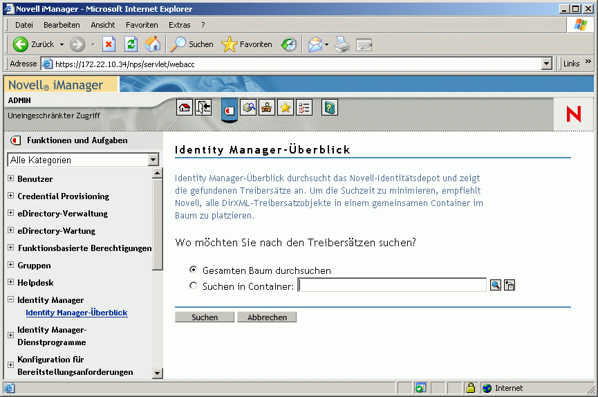 Das Dienstprogramm "DirXML – Überblick" in Novell iManager.