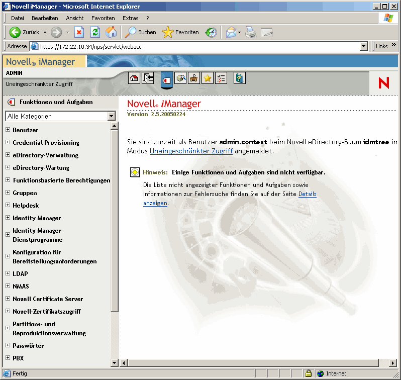 Hauptseite von Novell iManager mit geöffnetem Fenster "Funktionen und Aufgaben".