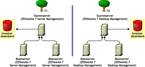 Zwei eDirectory-Bäume mit jeweils den Inventarbäumen von ZENworks 7 Server Management und ZENworks 7 Desktop Management.