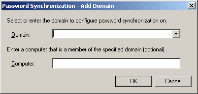 Das Dialogfeld "Password Synchronization - Add Domain" (Passwortsynchronisierung – Domäne hinzufügen).