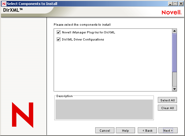 Die Seite "Select Components to Install" (Zu installierende Komponenten auswählen) des Installationsassistenten von Novell Nsure Identity Manager