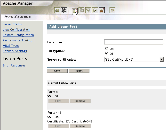 Apache Manager, used to configure preferences for the administration version of the Welcome Web site.
