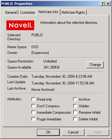 novell dialog nw restriction space quotas managing directory field change box open