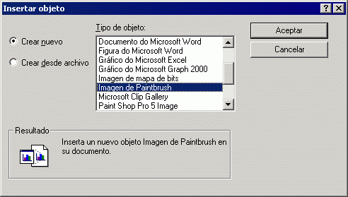 Recuadro de diálogo Insertar objeto