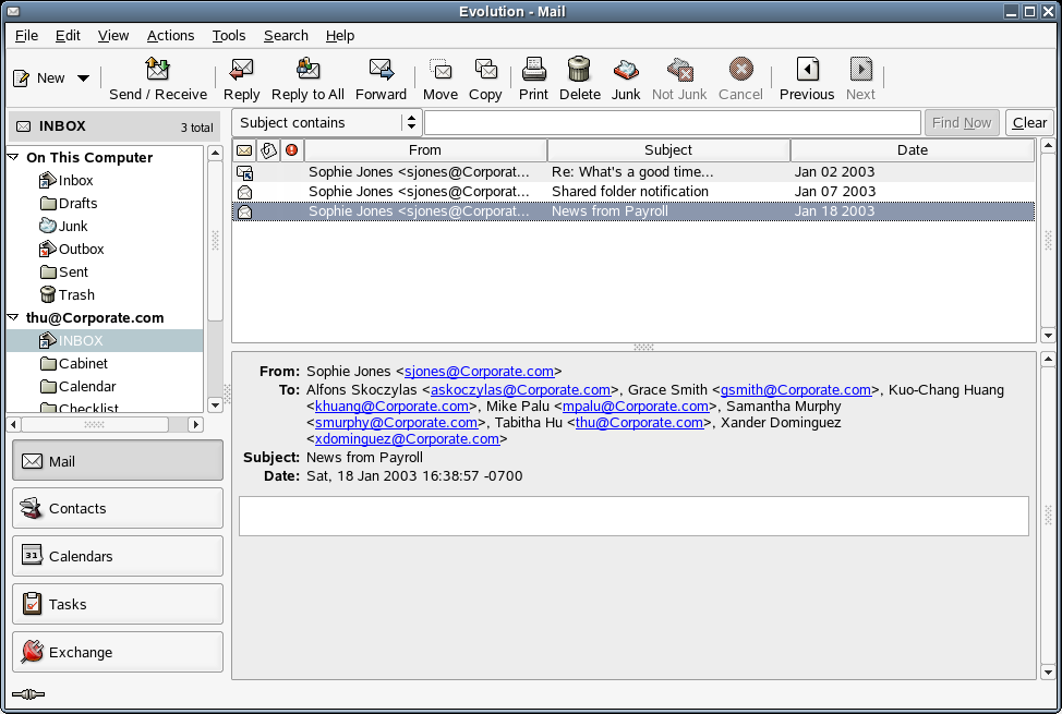 Ventana de la bandeja de entrada de correo electrónico de Evolution