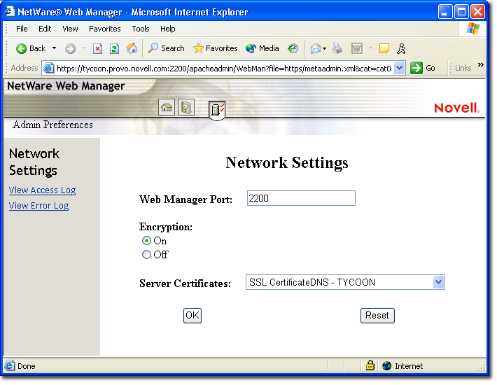 NetWare Web Manager, sola configurar preferencias para la versin de administracin del sitio Web de bienvenida.