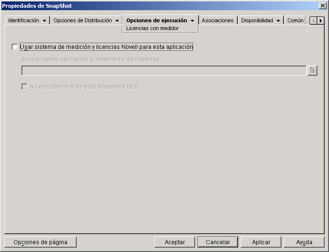 objeto Aplicación > pestaña Opciones de ejecución > página Licencias con medidor