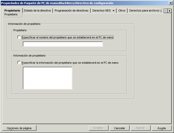 Página Propietario de la directiva de configuración BlackBerry