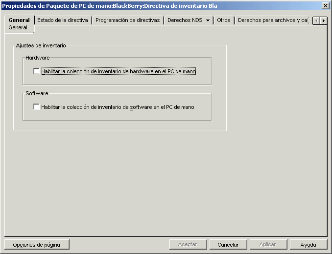 Página General de la directiva de inventario BlackBerry