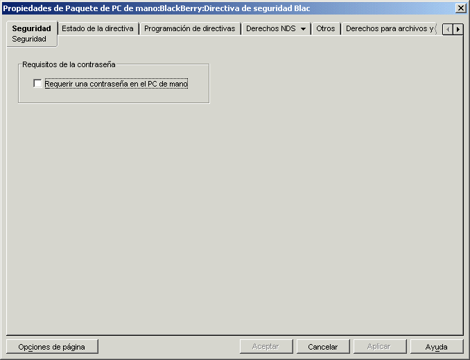 Página Seguridad de la directiva de seguridad BlackBerry