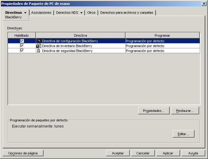 Página Propiedades del paquete de PC de mano con la directiva de configuración BlackBerry seleccionada