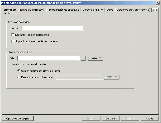 Recuadro de diálogo Propiedades del Paquete de PCs de mano: Directiva de recuperación de archivos con la página Archivos mostrada