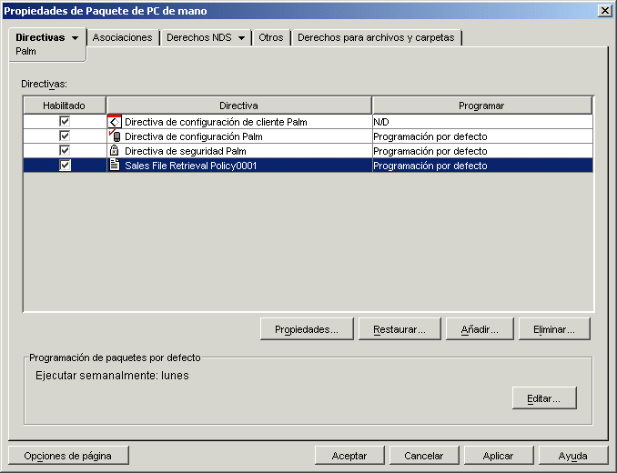 Propiedades del paquete de PCs de mano con la directiva de recuperación de archivos recién creada mostrada