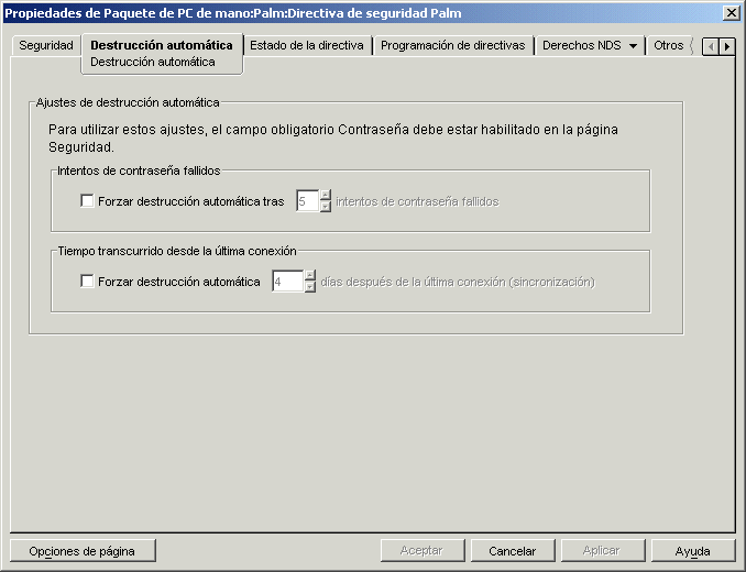 Página Destrucción automática