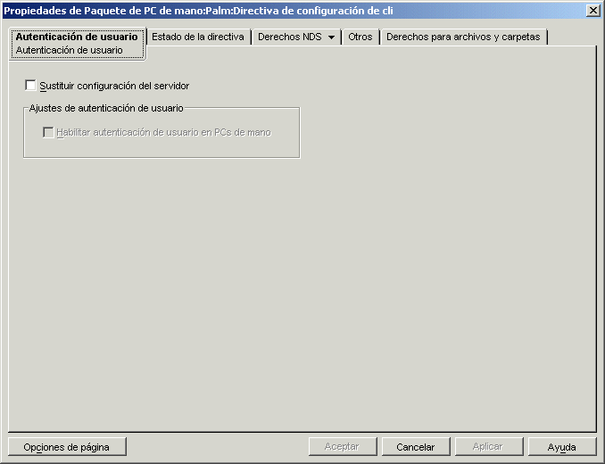Página Autenticación de usuario de la directiva de configuración de cliente Palm