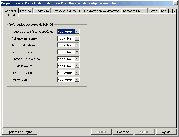 Configuración Palm: Página General