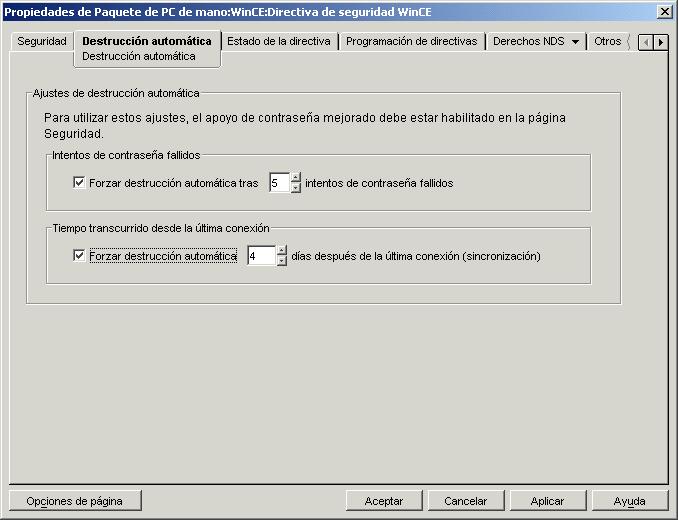 Página Destrucción automática