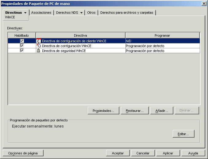 Página de selección de directiva de configuración Windows CE