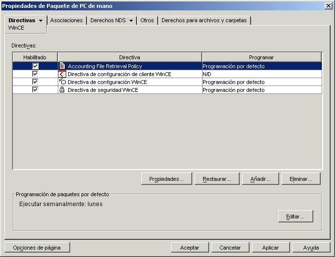 Propiedades del paquete de PCs de mano con la directiva de recuperación de archivos recién creada mostrada