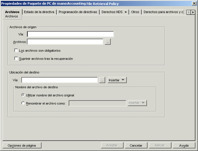 Recuadro de diálogo Propiedades del Paquete de PCs de mano: Directiva de recuperación de archivos con la página Archivos mostrada