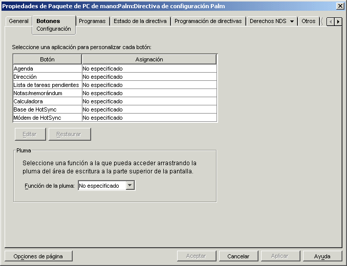 Página Botones: Configuración