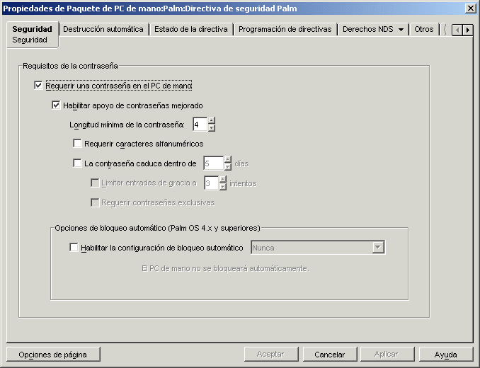 Página Seguridad de Palm
