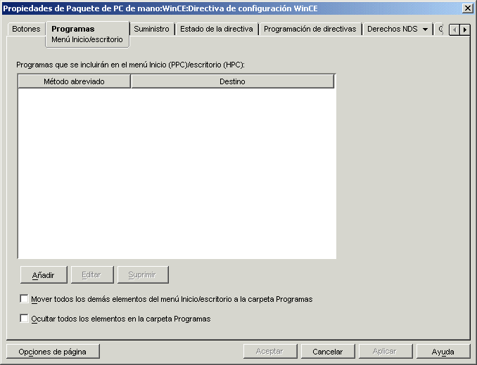 Página Menú Inicio/escritorio de la directiva de configuración WinCE