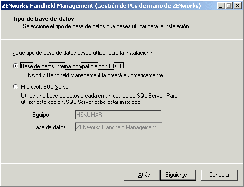 Recuadro de diálogo Tipo de base de datos