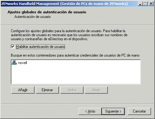 Página Ajustes globales de autenticación de usuario