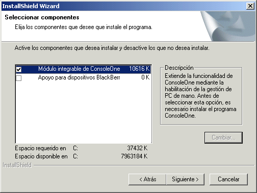 Página Seleccionar componentes