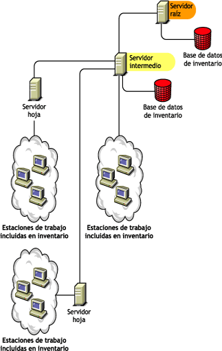 Servidor raíz en el nivel superior, un servidor intermedio con base de datos en un nivel inferior conectado al servidor raíz, y servidores hoja conectados al servidor intermedio con base de datos.