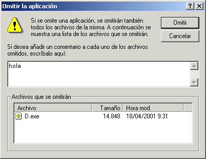 Captura de pantalla del recuadro de diálogo Omitir aplicación.
