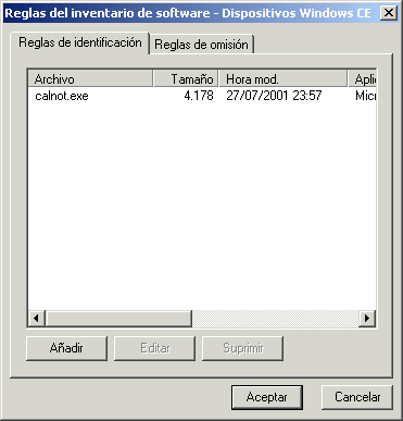 Captura de pantalla del recuadro de diálogo Reglas del inventario de software.